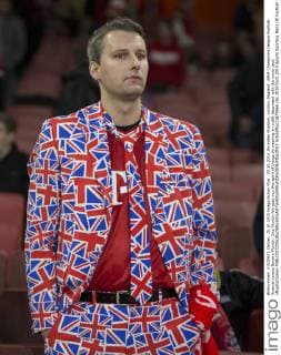 20.10.2015. Emirates Stadium, London, England. UEFA Champions League Football. Arsenal versus Bayern Munich. One Munich fan gets into the spirit of things by wearing an outfit decorated with the union jack. xNigelxCookex  ActionPlus11673966