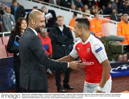 Arsenal s Alexis Sanchez chats with former boss, Bayern Munich s Pep Guardiola Champions League Group Match - Arsenal vs Bayern Munich - Emirates Stadium - England - 20th October 2015 - Picture David Klein Sportimage EDITORIAL USE ONLY. No use with unauthorised audio, video, data, fixture lists, club league logos or live services. Online in-match use limited to 120 images, no video emulation. No use in betting, games or single club league player publications.