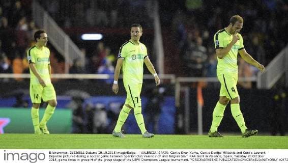 - VALENCIA, SPAIN: Gent s Sven Kums, Gent s Danijel Milicevic and Gent s Laurent Depoitre pictured during a soccer game between Spanish club Valencia CF and Belgian team KAA Gent in Valencia, Spain, Tuesday 20 October 2015, game three in group H of the group stage of the UEFA Champions League tournament. YORICKxJANSENS  x04725020x