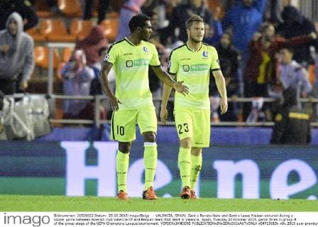 - VALENCIA, SPAIN: Gent s Renato Neto and Gent s Lasse Nielsen pictured during a soccer game between Spanish club Valencia CF and Belgian team KAA Gent in Valencia, Spain, Tuesday 20 October 2015, game three in group H of the group stage of the UEFA Champions League tournament. YORICKxJANSENS  x04725019x
