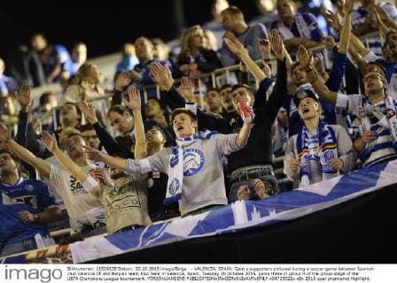 - VALENCIA, SPAIN: Gent s supporters pictured during a soccer game between Spanish club Valencia CF and Belgian team KAA Gent in Valencia, Spain, Tuesday 20 October 2015, game three in group H of the group stage of the UEFA Champions League tournament. YORICKxJANSENS  x04725022x