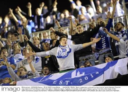 - VALENCIA, SPAIN: Gent s supporters pictured during a soccer game between Spanish club Valencia CF and Belgian team KAA Gent in Valencia, Spain, Tuesday 20 October 2015, game three in group H of the group stage of the UEFA Champions League tournament. YORICKxJANSENS  x04725023x