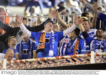 - VALENCIA, SPAIN: Gent s supporters pictured during a soccer game between Spanish club Valencia CF and Belgian team KAA Gent in Valencia, Spain, Tuesday 20 October 2015, game three in group H of the group stage of the UEFA Champions League tournament. YORICKxJANSENS  x04725024x