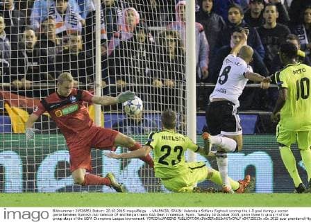 - VALENCIA, SPAIN: Valencia s Sofiane Feghouli scoring the 1-0 goal during a soccer game between Spanish club Valencia CF and Belgian team KAA Gent in Valencia, Spain, Tuesday 20 October 2015, game three in group H of the group stage of the UEFA Champions League tournament. YORICKxJANSENS  x04725013x