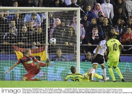 - VALENCIA, SPAIN: Valencia s Sofiane Feghouli scoring the 1-0 goal during a soccer game between Spanish club Valencia CF and Belgian team KAA Gent in Valencia, Spain, Tuesday 20 October 2015, game three in group H of the group stage of the UEFA Champions League tournament. YORICKxJANSENS  x04725014x