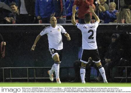 - VALENCIA, SPAIN: Valencia s Sofiane Feghouli celebrates after scoring during a soccer game between Spanish club Valencia CF and Belgian team KAA Gent in Valencia, Spain, Tuesday 20 October 2015, game three in group H of the group stage of the UEFA Champions League tournament. YORICKxJANSENS  x04725016x