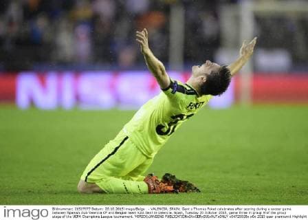 - VALENCIA, SPAIN: Gent s Thomas Foket celebrates after scoring during a soccer game between Spanish club Valencia CF and Belgian team KAA Gent in Valencia, Spain, Tuesday 20 October 2015, game three in group H of the group stage of the UEFA Champions League tournament. YORICKxJANSENS  x04725028x