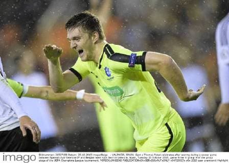 - VALENCIA, SPAIN: Gent s Thomas Foket celebrates after scoring during a soccer game between Spanish club Valencia CF and Belgian team KAA Gent in Valencia, Spain, Tuesday 20 October 2015, game three in group H of the group stage of the UEFA Champions League tournament. YORICKxJANSENS  x04725027x