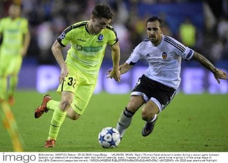 - VALENCIA, SPAIN: Gent s Thomas Foket pictured in action during a soccer game between Spanish club Valencia CF and Belgian team KAA Gent in Valencia, Spain, Tuesday 20 October 2015, game three in group H of the group stage of the UEFA Champions League tournament. YORICKxJANSENS  x04725045x