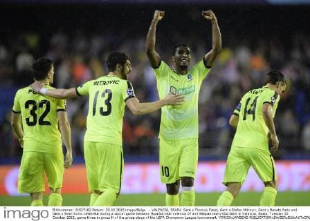- VALENCIA, SPAIN: Gent s Thomas Foket, Gent s Stefan Mitrovic, Gent s Renato Neto and Gent s Sven Kums celebrate during a soccer game between Spanish club Valencia CF and Belgian team KAA Gent in Valencia, Spain, Tuesday 20 October 2015, game three in group H of the group stage of the UEFA Champions League tournament. YORICKxJANSENS  x04725053x