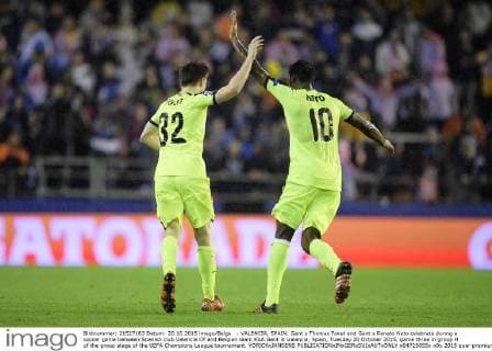 - VALENCIA, SPAIN: Gent s Thomas Foket and Gent s Renato Neto celebrate during a soccer game between Spanish club Valencia CF and Belgian team KAA Gent in Valencia, Spain, Tuesday 20 October 2015, game three in group H of the group stage of the UEFA Champions League tournament. YORICKxJANSENS  x04725055x