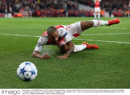 Arsenal s Theo Walcott looks on as the ball goes off Champions League Group Match - Arsenal vs Bayern Munich - Emirates Stadium - England - 20th October 2015 - Picture David Klein Sportimage EDITORIAL USE ONLY. No use with unauthorised audio, video, data, fixture lists, club league logos or live services. Online in-match use limited to 120 images, no video emulation. No use in betting, games or single club league player publications.