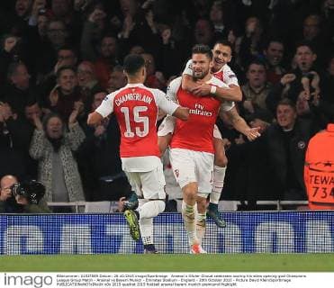 Arsenal s Olivier Giroud celebrates scoring his sides opening goal Champions League Group Match - Arsenal vs Bayern Munich - Emirates Stadium - England - 20th October 2015 - Picture David Klein Sportimage EDITORIAL USE ONLY. No use with unauthorised audio, video, data, fixture lists, club league logos or live services. Online in-match use limited to 120 images, no video emulation. No use in betting, games or single club league player publications.