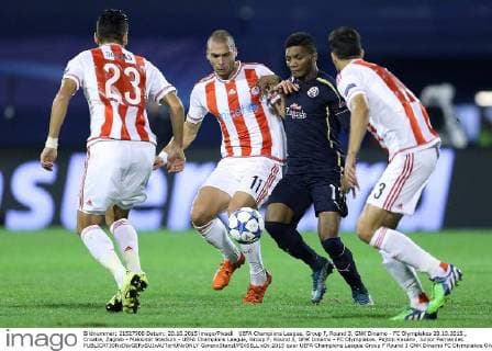 UEFA Champions League, Group F, Round 3, GNK Dinamo - FC Olympiakos 20.10.2015., Croatia, Zagreb - Maksimir Stadium - UEFA Champions League, Group F, Round 3, GNK Dinamo - FC Olympiakos. Pajtim Kasami, Junior Fernandes.  GoranxStanzl PIXSELL