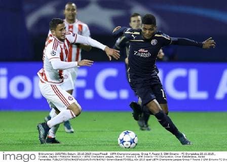 UEFA Champions League, Group F, Round 3, GNK Dinamo - FC Olympiakos 20.10.2015., Croatia, Zagreb - Maksimir Stadium - UEFA Champions League, Group F, Round 3, GNK Dinamo - FC Olympiakos. Omar Elabdellaoui, Junior Fernandes.  GoranxStanzl PIXSELL
