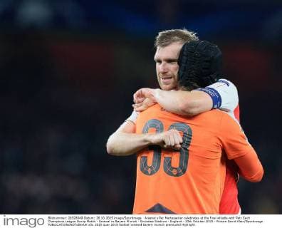 Arsenal s Per Mertesacker celebrates at the final whistle with Petr Cech Champions League Group Match - Arsenal vs Bayern Munich - Emirates Stadium - England - 20th October 2015 - Picture David Klein Sportimage EDITORIAL USE ONLY. No use with unauthorised audio, video, data, fixture lists, club league logos or live services. Online in-match use limited to 120 images, no video emulation. No use in betting, games or single club league player publications.