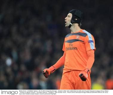 Arsenal s Petr Cech celebrates his sides second goal Champions League Group Match - Arsenal vs Bayern Munich - Emirates Stadium - England - 20th October 2015 - Picture David Klein Sportimage EDITORIAL USE ONLY. No use with unauthorised audio, video, data, fixture lists, club league logos or live services. Online in-match use limited to 120 images, no video emulation. No use in betting, games or single club league player publications.
