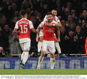 Fußball, Champions League, FC Arsenal - FC Bayern München Arsenal s Olivier Giroud celebrates scoring his sides opening goal Champions League Group Match - Arsenal vs Bayern Munich - Emirates Stadium - England - 20th October 2015 - Picture David Klein Sportimage EDITORIAL USE ONLY. No use with unauthorised audio, video, data, fixture lists, club league logos or live services. Online in-match use limited to 120 images, no video emulation. No use in betting, games or single club league player publications.