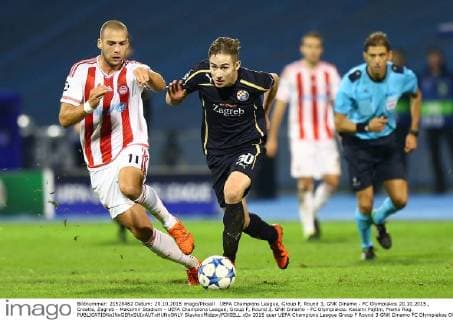UEFA Champions League, Group F, Round 3, GNK Dinamo - FC Olympiakos 20.10.2015., Croatia, Zagreb - Maksimir Stadium - UEFA Champions League, Group F, Round 3, GNK Dinamo - FC Olympiakos. Kasami Pajtim, Marko Rog.  SlavkoxMidzor PIXSELL