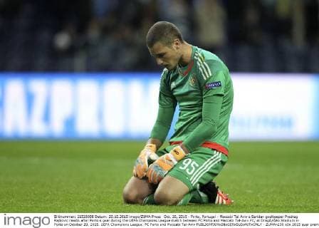 Oct. 20, 2015 - Porto, Portugal - Maccabi Tel Aviv s Serbian goalkeeper Predrag Rajkovic reacts after Porto s goal during the UEFA Champions League match between FC Porto and Maccabi Tel-Aviv FC, at DragÃƒÂ£o Stadium in Porto on October 20, 2015. UEFA Champions League: FC Porto and Maccabi Tel-Aviv  - ZUMAn230