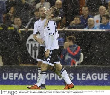 Champions League match between Valencia and Gent. In this picture, Alcacer and Gaya celebrate a goal. xJOSExANTONIOxSANZx 