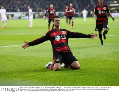 Leverkusen, Fussball, UEFA Champions League, Saison 2015 2016, Bayer 04 Leverkusen vs AS Rom, 20.10.2015, Bayarena Leverkusen, Chicharito, Javier Hernandez, , Bayer 04 Leverkusen, Aktion, Einzelbild, jubel,