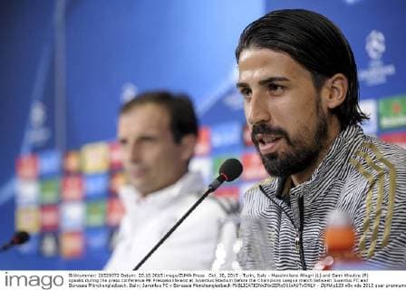 Oct. 20, 2015 - Turin, Italy - Massimiliano Allegri (L) and Sami Khedira (R) speaks during the press conference PK Pressekonferenz at Juventus Stadium before the Champions League match between Juventus FC and Borussia Mönchengladbach. Italy: Juventus FC v Borussia Monchengladbach - ZUMAp133