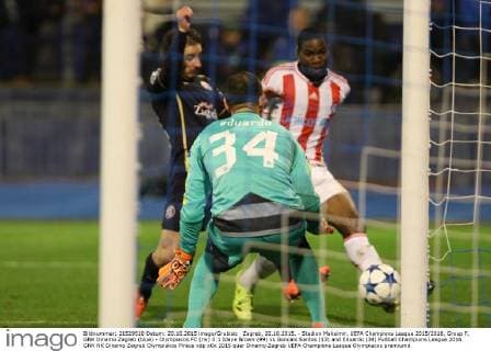 Zagreb, 20.10.2015. - Stadion Maksimir, UEFA Champions League 2015 2016, Group F, GNK Dinamo Zagreb (blue) - Olympiacos FC (rw) 0:1 Ideye Brown (99) vs Goncalo Santos (13) and Eduardo (34)