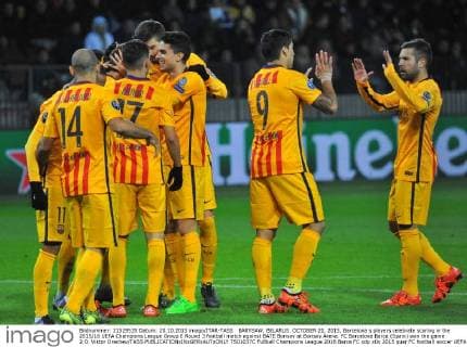 BARYSAW, BELARUS. OCTOBER 20, 2015. Barcelona s players celebrate scoring in the 2015 16 UEFA Champions League Group E Round 3 football match against BATE Borisov at Borisov Arena. FC Barcelona Barca (Spain) won the game 2:0. Viktor Drachev TASS  TS01037C