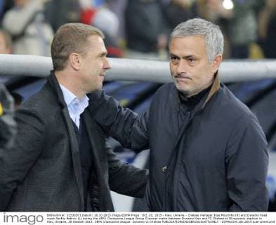 Oct. 20, 2015 - Kiev, Ukraine - Chelsea manager Jose Mourinho (R) and Dynamo head coach Serhiy Rebrov (L) during the UEFA Champions League Group G soccer match between Dynamo Kiev and FC Chelsea at Olimpiyskiy stadium in Kiev, Ukraine, 20 October 2015. UEFA Champions League: Dynamo vs Chelsea  - ZUMAn230