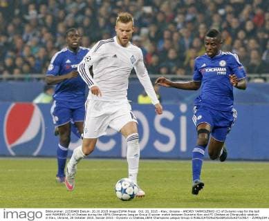 Oct. 20, 2015 - Kiev, Ukraine - ANDRIY YARMOLENKO (C) of Dynamo vies for the ball with RAMIRES (R) of Chelsea during the UEFA Champions League Group G soccer match between Dynamo Kiev and FC Chelsea at Olimpiyskiy stadium in Kiev, Ukraine, 20 October 2015. Soccer 2015 - Dynamo vc Chelsea,UEFA Champions League Group G - ZUMAg194