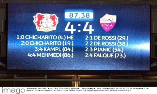 Championsleague: Bayer 04 Leverkusen - AS Rom 20.10.2015. Anzeigetafel in der Bayarena mit dem Endergebnis. HM