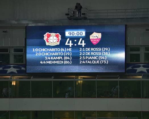 20.10.2015, Fussball, Saison 2015 2016, Champions League, 2015 16, Vorrunde, Bayer 04 Leverkusen - AS Rom 4:4, Anzeigentafel mit dem Endergebnis