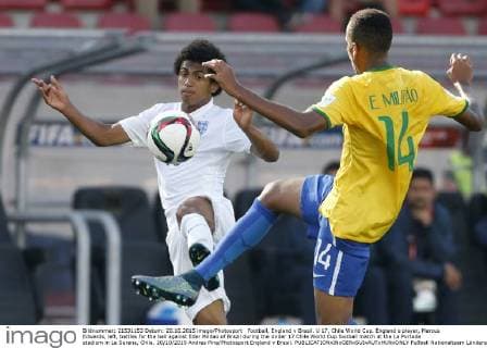 Football, England v Brasil. U 17, Chile World Cup. England s player, Marcus Edwards, left, battles for the ball against Eder Militao of Brazil during the Under 17 Chile World Cup football match at the La Portada stadium in La Serena, Chile. 20 10 2015 Andres Pina Photosport England v Brasil. 