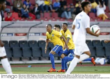 Football, England v Brasil. U 17, Chile World Cup. Brazil s player, Leandro Do Nascimiento, center, celebrates scoring against England during the Under 17 Chile World Cup football match at the La Portada stadium in La Serena, Chile. 20 10 2015 Andres Pina Photosport England v Brasil. 