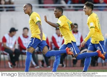 Football, England v Brasil. U 17, Chile World Cup. Brazil s player, Leandro Do Nascimiento, left, celebrates scoring against England during the Under 17 Chile World Cup football match at the La Portada stadium in La Serena, Chile. 20 10 2015 Andres Pina Photosport England v Brasil. 