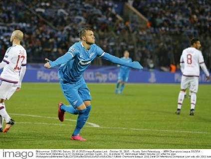 October 20, 2015. - Russia, Saint Petersburg. - UEFA Champions League 2015 16 - FC Zenit Saint Petersburg vs FC Olympique Lyonnais (Lyon), 3:1. In picture: FC Zenit player Artem Dzyuba (22) after his goal. PhotoagencyxInterpress 