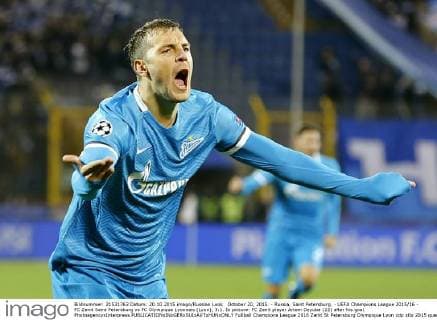 October 20, 2015. - Russia, Saint Petersburg. - UEFA Champions League 2015 16 - FC Zenit Saint Petersburg vs FC Olympique Lyonnais (Lyon), 3:1. In picture: FC Zenit player Artem Dzyuba (22) after his goal. PhotoagencyxInterpress 