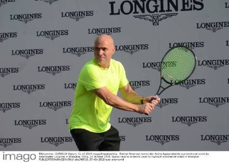 Retired American tennis star Andre Agassi attends a promotional event by watchmaker Longines in Shanghai, China, 21 October 2015. Agassi returns to tennis court to highlight commercial event in Shanghai  pbu348725_07