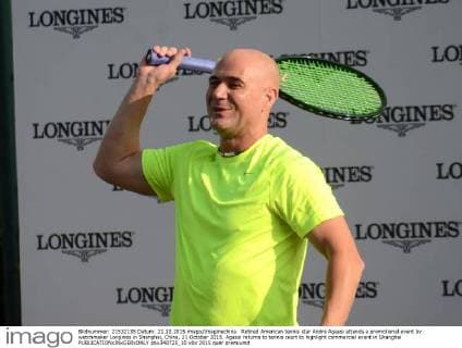 Retired American tennis star Andre Agassi attends a promotional event by watchmaker Longines in Shanghai, China, 21 October 2015. Agassi returns to tennis court to highlight commercial event in Shanghai  pbu348725_10
