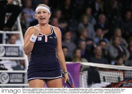 Tennis BGLBNPParibas Open 2015 - Luxembourg, Luxemburg 21.10.2015, Tennis Tennis BGLBNPParibas Open 2015 - Luxembourg, Luxemburg v.l. Timea Bacsinszky (Schweiz, Suisse, SUI) - Nummer 1 der Setzliste bejubelt den Gewinn des ersten Satzes 