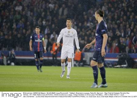 Fußball, Champions League, Paris St. Germain - Real Madrid Cristiano Ronaldo Dos Santos, CR7 (Real Madrid Club de Futbol), Zlatan Ibrahimovic (psg), Thiago Emiliano da Silva (psg) FOOTBALL : PSG vs Real Madrid - Ligue des Champions - 21 10 2015 StephaneAllamanx 