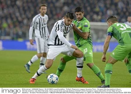 Fußball, Champions League, Juventus Turin - Borussia Mönchengladbach Alvaro Morata Juventus, Lars Stindl Borussia, Torino 21-10-2015 Juventus Stadium Football Calcio Champions League 2015 2016 Group Stage Group D Juventus - Borussia Monchengladbach filippoxalfero