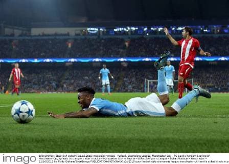 Fußball, Champions League, Manchester City - FC Sevilla Raheem Sterling of Manchester City sprawls on the grass after a tackle - Manchester City vs Sevilla - UEFA Champions League - Etihad Stadium - Manchester - 21 10 2015 Pic Philip Oldham SportImage EDITORIAL USE ONLY. No use with unauthorised audio, video, data, fixture lists, club league logos or live services. Online in-match use limited to 120 images, no video emulation. No use in betting, games or single club league player publications.