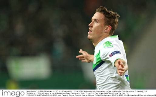 21.10.2015, Fussball UEFA Champions League 2015 2016, Gruppenphase, 3.Spieltag, VfL Wolfsburg - PSV Eindhoven, in der Volkswagen Arena, Wolfsburg. Jubel Torschütze Max Kruse (Wolfsburg) zum Tor zum 2:0 