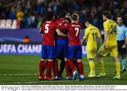 FuÃŸball, Champions League, Atletico Madrid - FK Astana 21.10.2015. Madrid, Spain. Jackson Arley Martinez Valencia (11) Atletico de Madrid celebrates the goal for 2-0 during the soccer match UCL Champions League between Atletico de Madrid versus Astana Amunt at the Vicente Calderon stadium in Madrid xEnriquexdexlaxFuentex  ActionPlus11674187