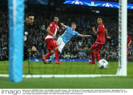 Kevin De Bruyne of Manchester City scores the winning goal - Manchester City vs FC Sevilla - UEFA Champions League - Etihad Stadium - Manchester - 21 10 2015 Pic Philip Oldham SportImage EDITORIAL USE ONLY. No use with unauthorised audio, video, data, fixture lists, club league logos or live services. Online in-match use limited to 120 images, no video emulation. No use in betting, games or single club league player publications.