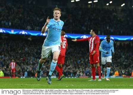Kevin De Bruyne of Manchester City celebrates scoring his winning goal - Manchester City vs FC Sevilla - UEFA Champions League - Etihad Stadium - Manchester - 21 10 2015 Pic Philip Oldham SportImage EDITORIAL USE ONLY. No use with unauthorised audio, video, data, fixture lists, club league logos or live services. Online in-match use limited to 120 images, no video emulation. No use in betting, games or single club league player publications.