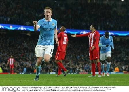 Kevin De Bruyne of Manchester City celebrates scoring his winning goal - Manchester City vs FC Sevilla - UEFA Champions League - Etihad Stadium - Manchester - 21 10 2015 Pic Philip Oldham SportImage EDITORIAL USE ONLY. No use with unauthorised audio, video, data, fixture lists, club league logos or live services. Online in-match use limited to 120 images, no video emulation. No use in betting, games or single club league player publications.