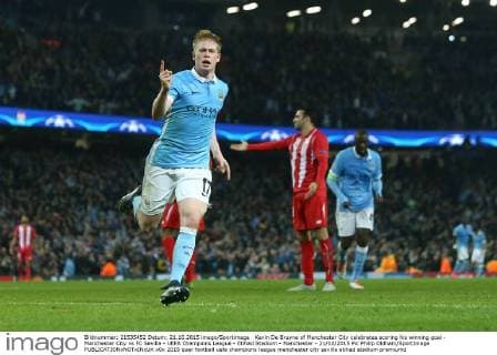 Kevin De Bruyne of Manchester City celebrates scoring his winning goal - Manchester City vs FC Sevilla - UEFA Champions League - Etihad Stadium - Manchester - 21 10 2015 Pic Philip Oldham SportImage EDITORIAL USE ONLY. No use with unauthorised audio, video, data, fixture lists, club league logos or live services. Online in-match use limited to 120 images, no video emulation. No use in betting, games or single club league player publications.